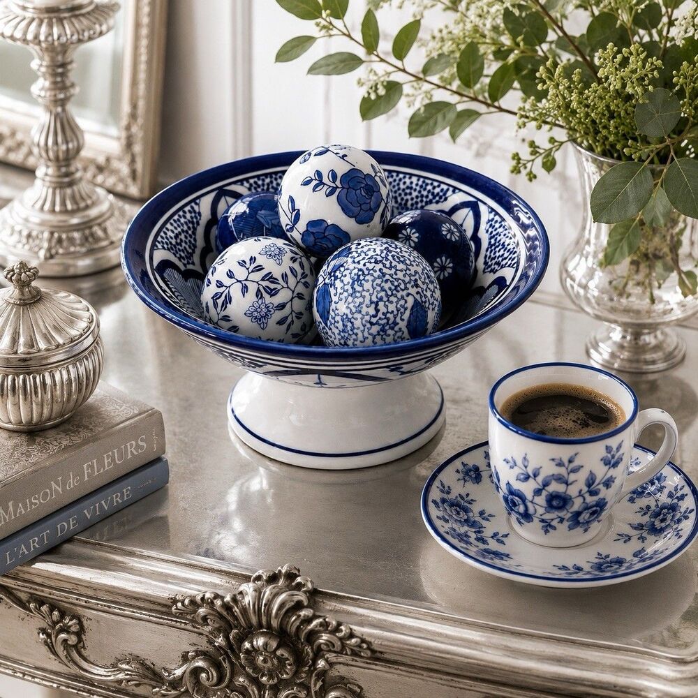 Decorative Balls And Bowl Set of 6 Blue and White Floral Print Home Decor